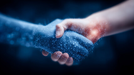 Fototapeta premium Human hand holding a digital handshake made of network connections symbolizing partnership, trust, and technology collaboration. 