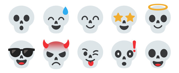 Obraz premium Collection of skull emoji reaction icons featuring diverse funny facial expressions like angel, devil, and happy. Perfect for social media, messaging, and digital design projects.
