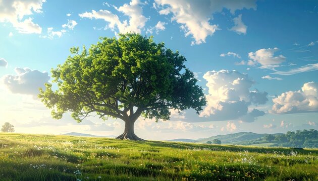 Lush, sunny meadow scene. A lone tree stands beneath a bright, cloudy sky, evoking peace