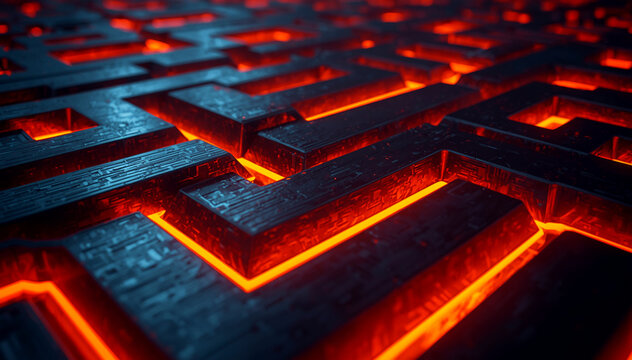 futuristic dark metallic maze with glowing orange light paths between geometric blocks