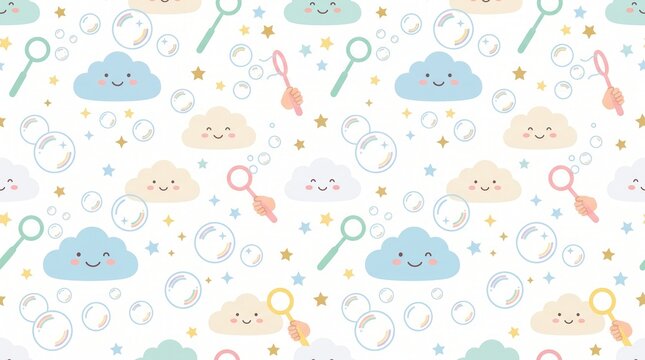 A pattern with cute smiling clouds, hands blowing bubbles, and stars on a white background