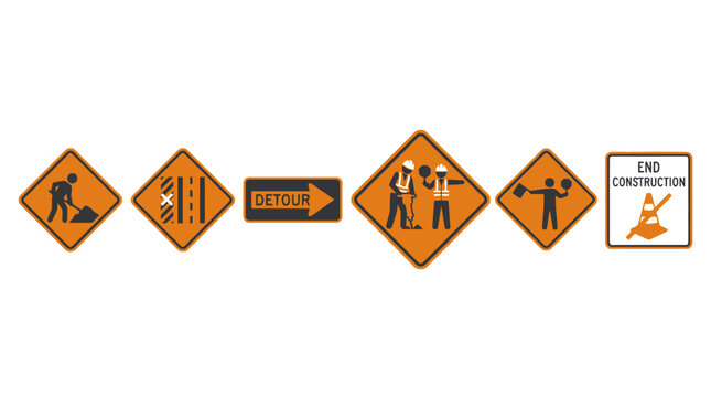 Vector Icons Set of orange road construction and traffic safety signs isolated on white background. EPS Editable