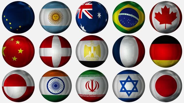 Set of three-dimensional spheres with national flags of the countries