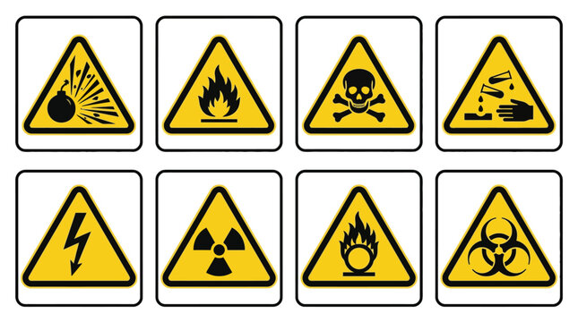Vector Icons Set of yellow triangular hazard warning signs and safety symbols. EPS Editable