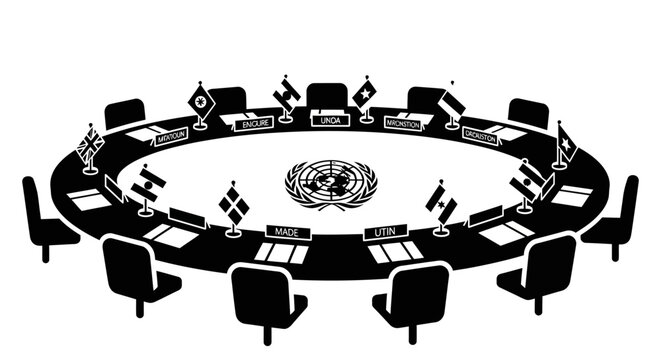 United Nations Security Council Meeting Table with Flags and Chairs