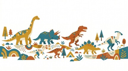 Fototapeta premium Colorful dinosaurs wander stylized ancient land with plants