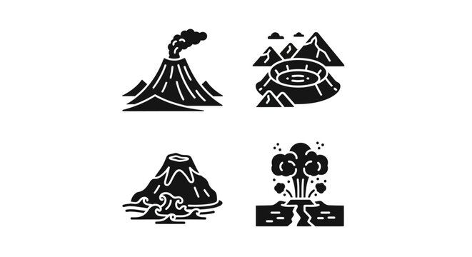 Volcano Icons: Eruption, Caldera, Lava Flow, Geyser