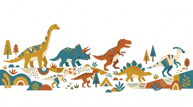 Colorful dinosaurs wander stylized ancient land with plants