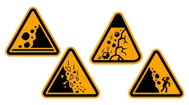 Vector Icons Set of yellow triangular warning signs for falling rocks and landslide hazards. EPS Editable