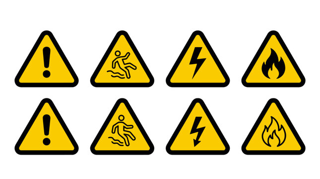 Vector Icons Set of yellow triangular warning signs showing danger slip high voltage and fire hazards. EPS Editable