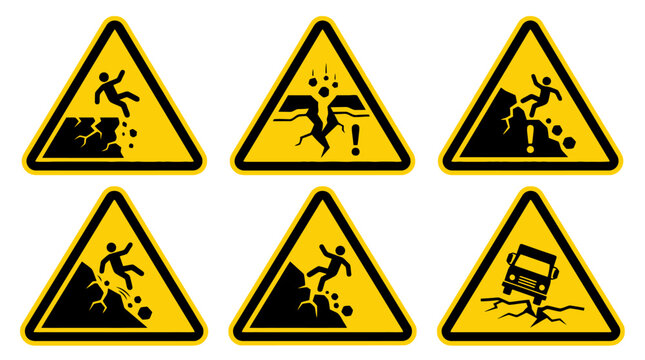 Vector Icons Set of yellow warning signs showing landslide and falling hazards. EPS Editable