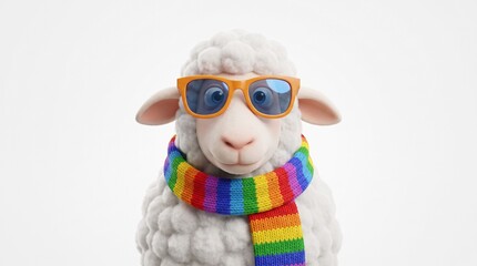 Fototapeta premium Smiling Sheep Wearing Sunglasses and Colorful Scarf in Bright Studio Lighting