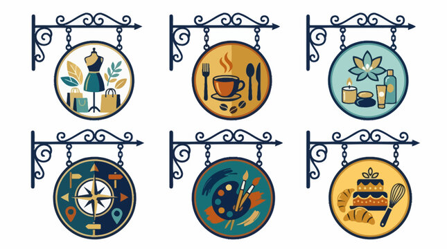 Vector Icons Vintage hanging shop signs set for various businesses vector. EPS Editable