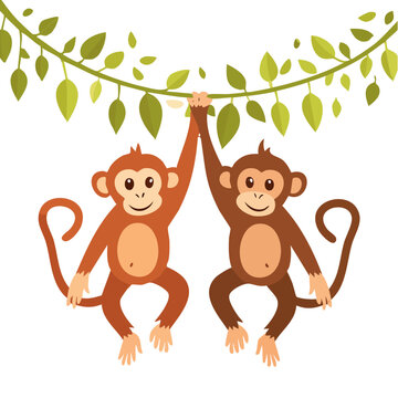 Two cartoon monkeys hanging from a vine with leaves