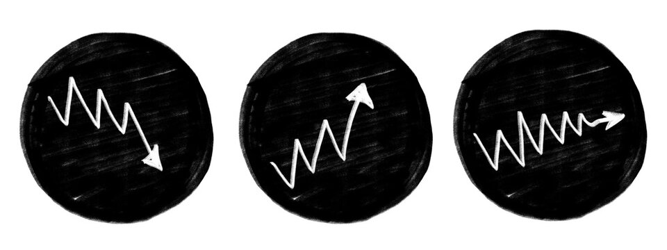Three black circles with hand drawn zigzag lightning bolts isolated illustration