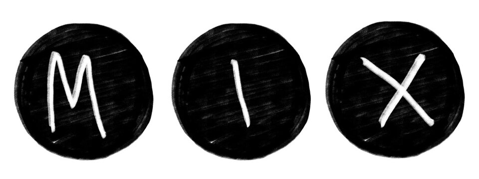 Black and white mix letters on dark circle background isolated illustration