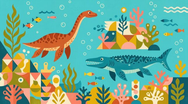 Cartoon plesiosaur and mosasaur swim among colorful corals, seaweed, and schools of fish