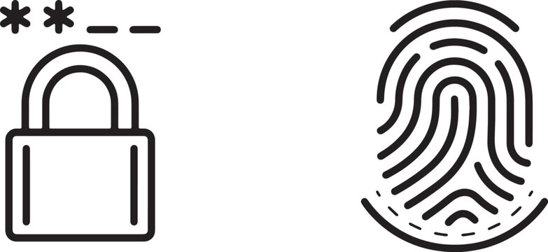 Art & Illustration, Combination lock under asterisk password field and biometric human fingerprint scanner line art. Personal data privacy settings and dual factor user authentication interface.