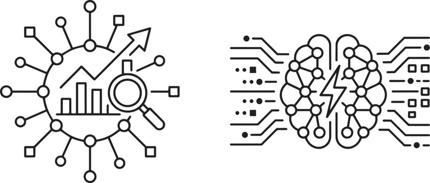 Art & Illustration, Data analysis node circle chart and human brain with integrated circuit line art. Artificial intelligence machine learning logic and cognitive cybernetic processor.