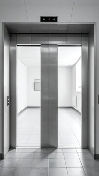 Open elevator doors revealing a bright, minimalist interior with tiled flooring