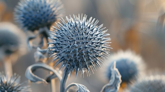 Dried echinops spiky bracts close up