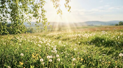 Fototapeta premium Beautiful Meadow Landscape with Dandelions and Sunbeams at Sunset