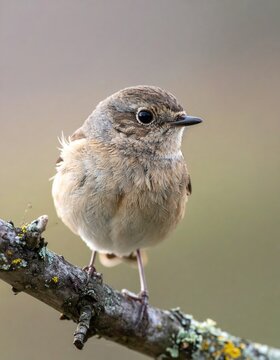 Small brown bird perched on a lichen-covered tree branch, closeup wildlife shot, avian nature, spring birdwatching, wild fauna, natural outdoor habitat.