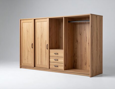 Wooden wardrobe with sliding doors, open shelving, integrated drawers, and clothes hanging rail. Modern minimalist closet furniture on isolated grey .