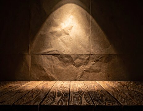 Spotlight on a crumpled brown paper wall and dark wooden table surface, studio lighting illuminating textured grain wood and wrinkled paper, empty display area.