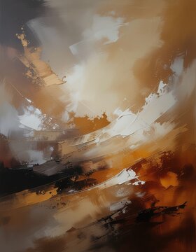 Abstract painting featuring sweeping brushstrokes in ochre, sienna, and white, with heavy paint texture, palette knife marks, and expressive fluid composition.