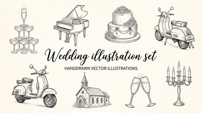 Wedding Illustration Set with Cake, Piano, Church, Candlesticks, and Vintage Scooter in Minimalist Line Art Style