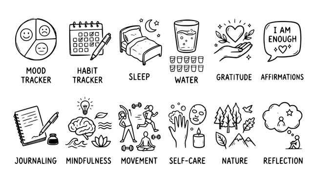 Hand drawn mental wellness journal icons mood tracker habit sleep water gratitude affirmation, black ink sketch vector illustration
