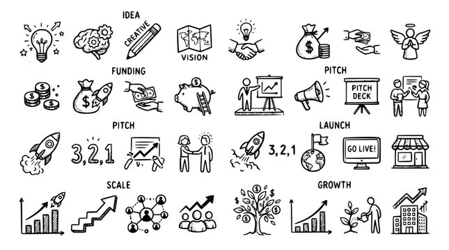 Hand drawn startup entrepreneurship icons idea funding pitch launch scale growth, black ink sketch vector illustration
