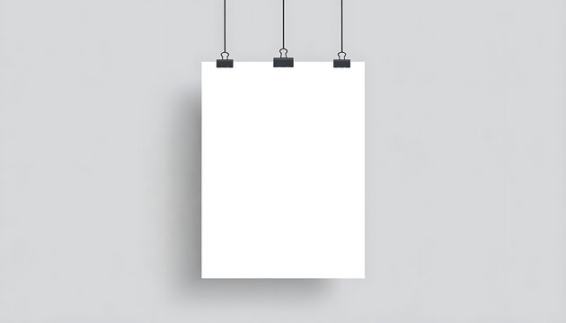 vertical blank poster mockup hanging with metal binder clips, empty paper template for branding, presentation, advertisement, gallery exhibit