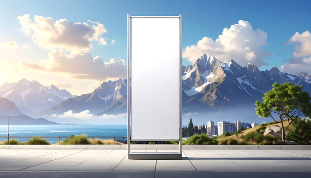 Vertical blank outdoor banner stand mockup against scenic mountain lake and town, advertising display template, promotional signage layout