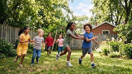 Fototapeta premium Children running and playing together in a backyard on a sunny day with trees
