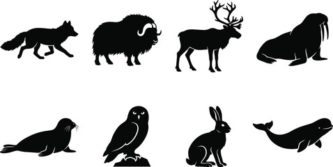 Obraz premium Arctic and Northern Wildlife Silhouette Collection Featuring Fox Musk Ox Reindeer Walrus Seal Owl Hare and Whale