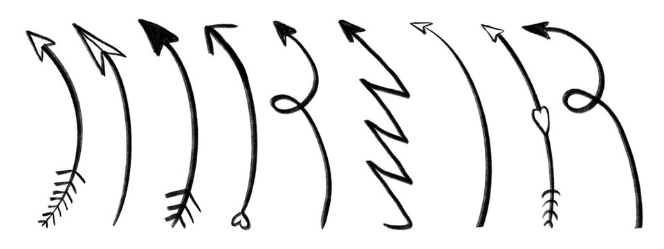 Hand drawn black squiggly lines and arrows on paper isolated illustration