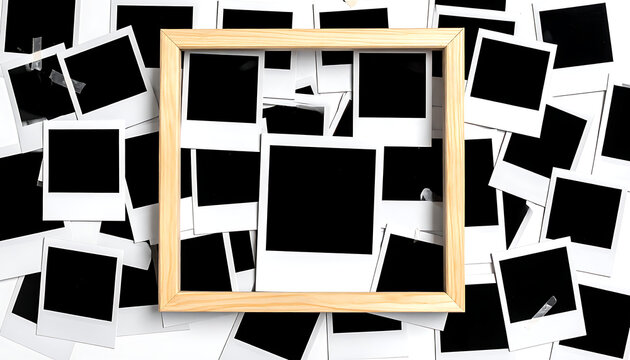 Wooden frame on stack of blank instant film photos, retro memory display background