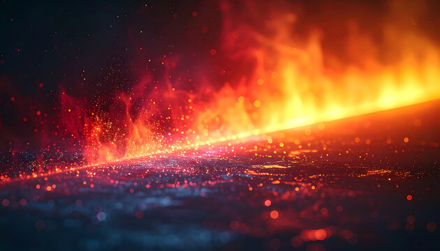 vibrant orange flames rising from dark textured ground with flying sparks and embers