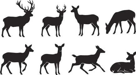 Fototapeta premium Deer Silhouette Collection with Eight Buck Doe Grazing Running and Resting Wildlife Vector Illustrations Set