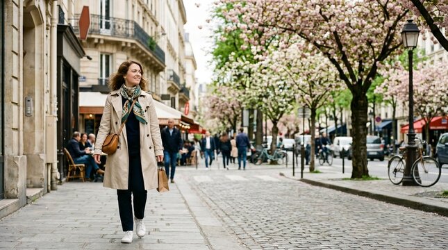 Woman walking down a charming parisian street with blooming cherry blossoms in spring
