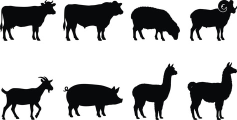 Obraz premium Farm Livestock Animal Silhouette Collection Featuring Cow Bull Sheep Ram Goat Pig Alpaca and Llama Vector Set