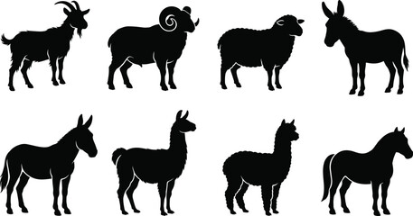 Obraz premium Farm Animal Silhouette Collection with Goat Ram Sheep Donkey Llama Alpaca and Pony Vector Illustrations