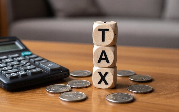 Wooden blocks spell "TAX" beside coins and a calculator on a wooden table.