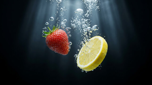 Fresh strawberry and lemon slice falling through water with bubbles and sunlight