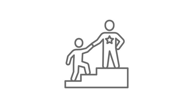 Mentor helping person climb stairs line icon.
