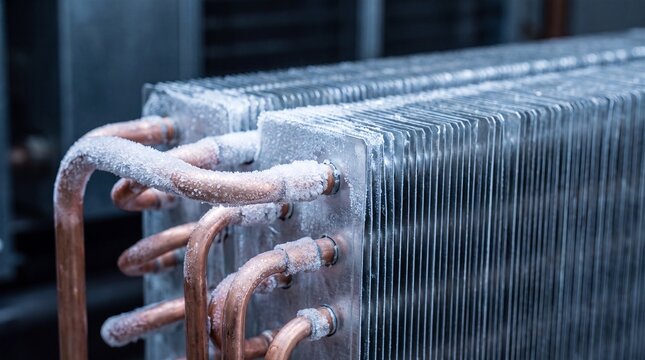 Frosted commercial refrigeration evaporator coil and copper tubing
