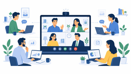 Fototapeta premium Group of professional people working remotely and participating in a virtual video conference meeting.