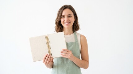 Fototapeta premium A smiling woman holds an open notebook with blank pages, ready for inspiration. isolated on solid white background